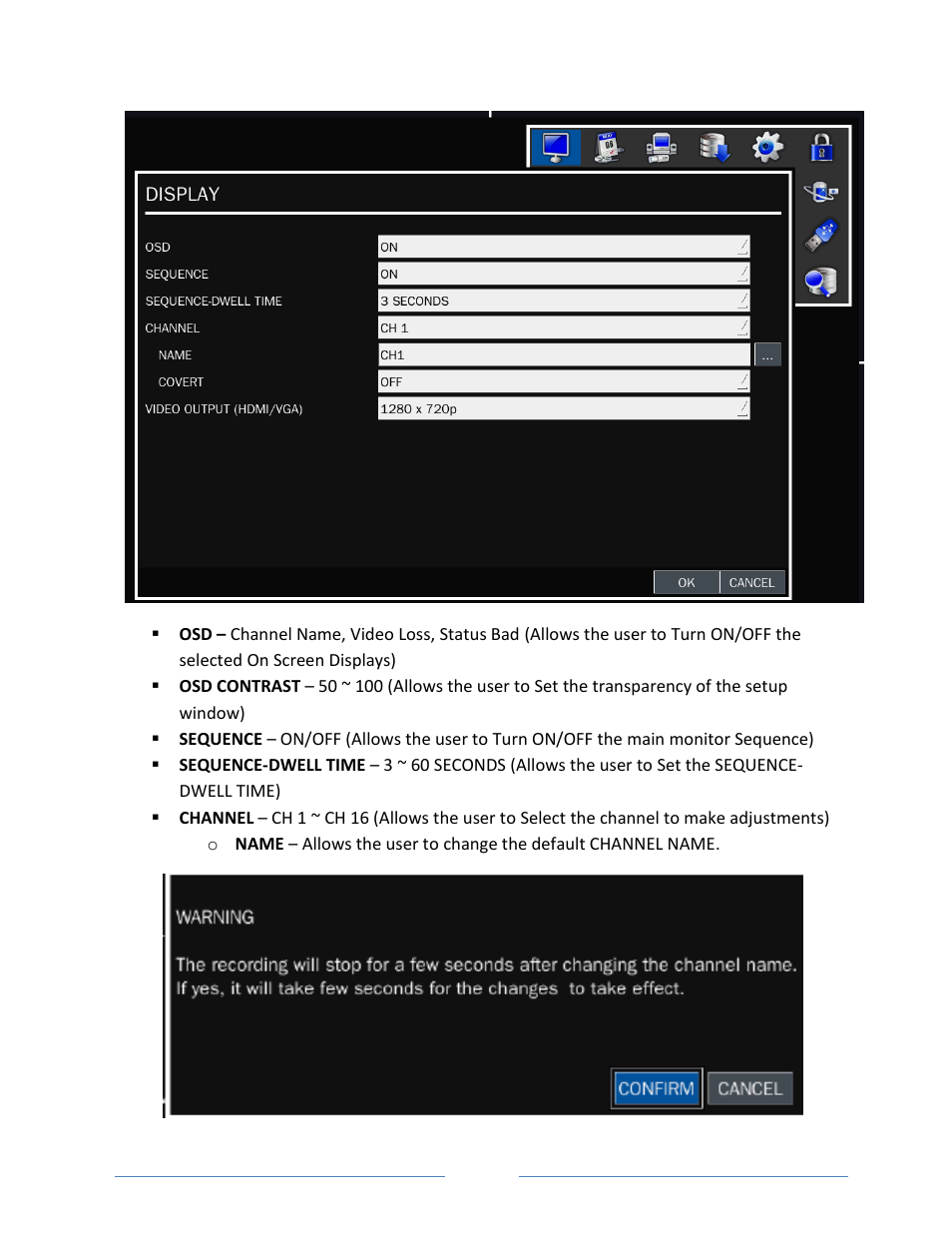 1. display setup | Vonnic VVRHD1620M 16CH HD-SDI 1080P High Resolution DVR (Hard Drive Not Included) User Manual | Page 30 / 96