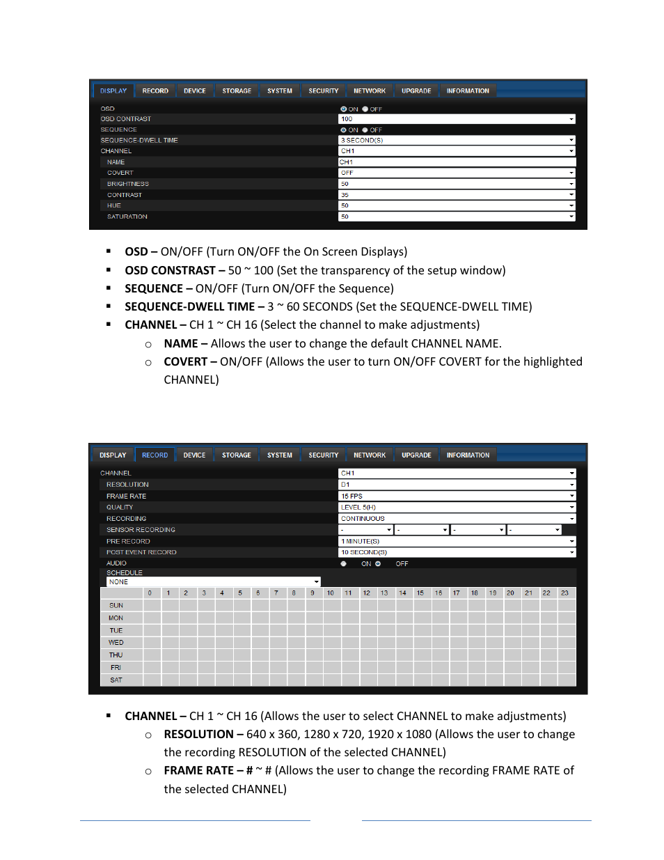 1. display, 2. record | Vonnic VVRHD1620M 16CH HD-SDI 1080P High Resolution DVR (Hard Drive Not Included) User Manual | Page 58 / 96