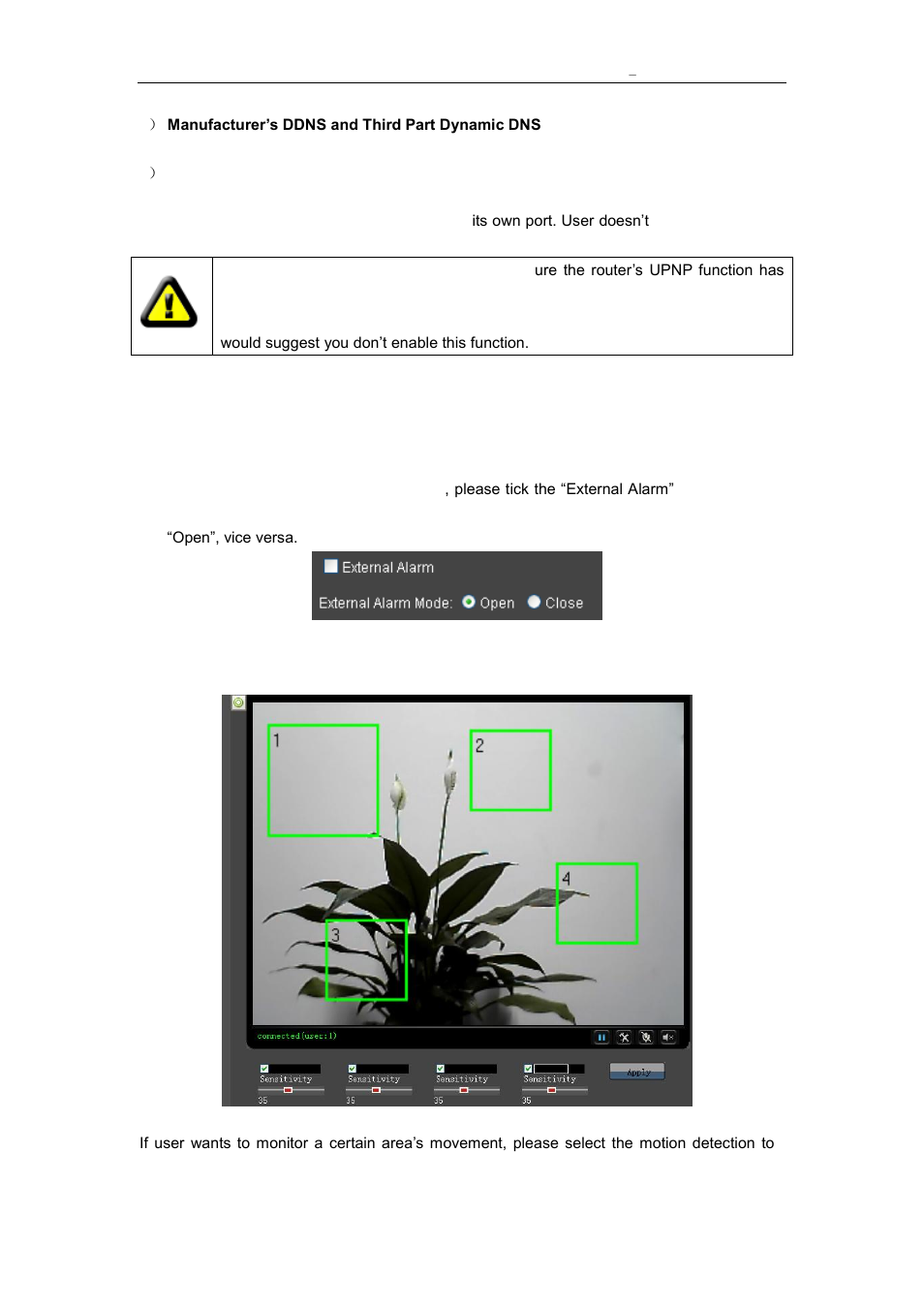 Larm, Etting, External alarm input | Motion detection setting, 3 alarm setting page | Vonnic C909IP H.264 Wireless 802.11b_g_n IP Network Camera User Manual | Page 20 / 31