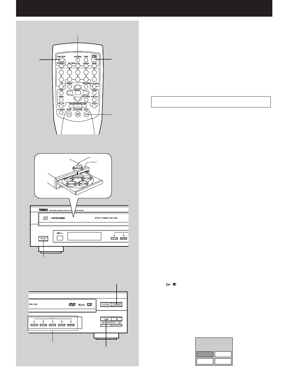 Basic operation, Basic playback, Press power to turn on the power | Press open/close to open the disc table, Place discs on the trays, label side upward, Press open/close to close the disc table | Yamaha DVD-C900 User Manual | Page 20 / 74