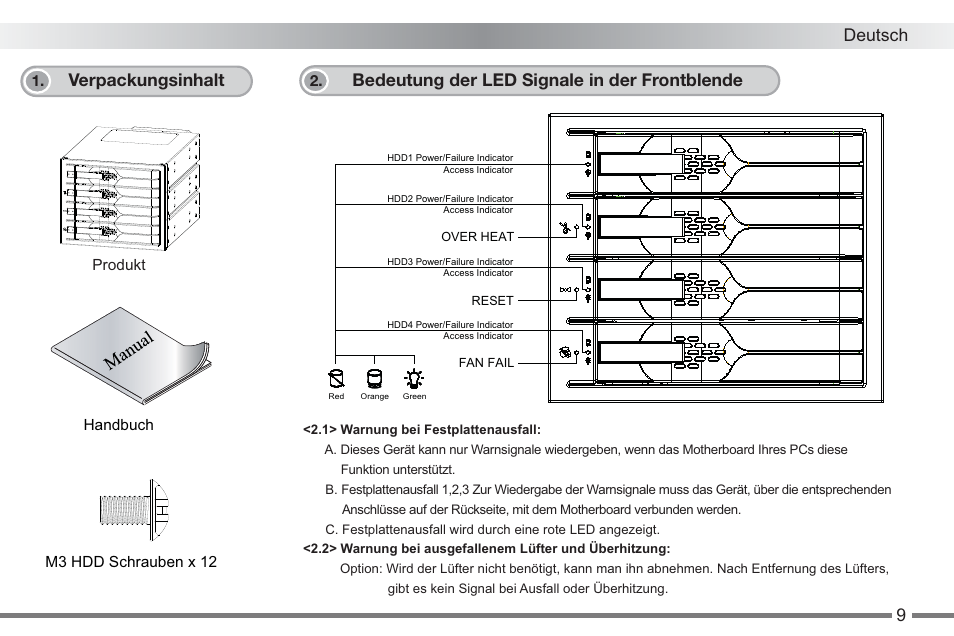 Deutsch, Verpackungsinhalt, Bedeutung der led signale in der frontblende | ICY DOCK MB674SPF-B User Manual | Page 10 / 14