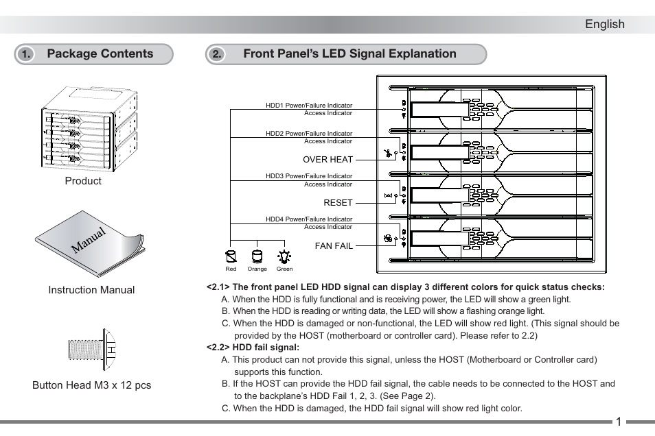 English, Package contents, Front panel’s led signal explanation | ICY DOCK MB674SPF-B User Manual | Page 2 / 14