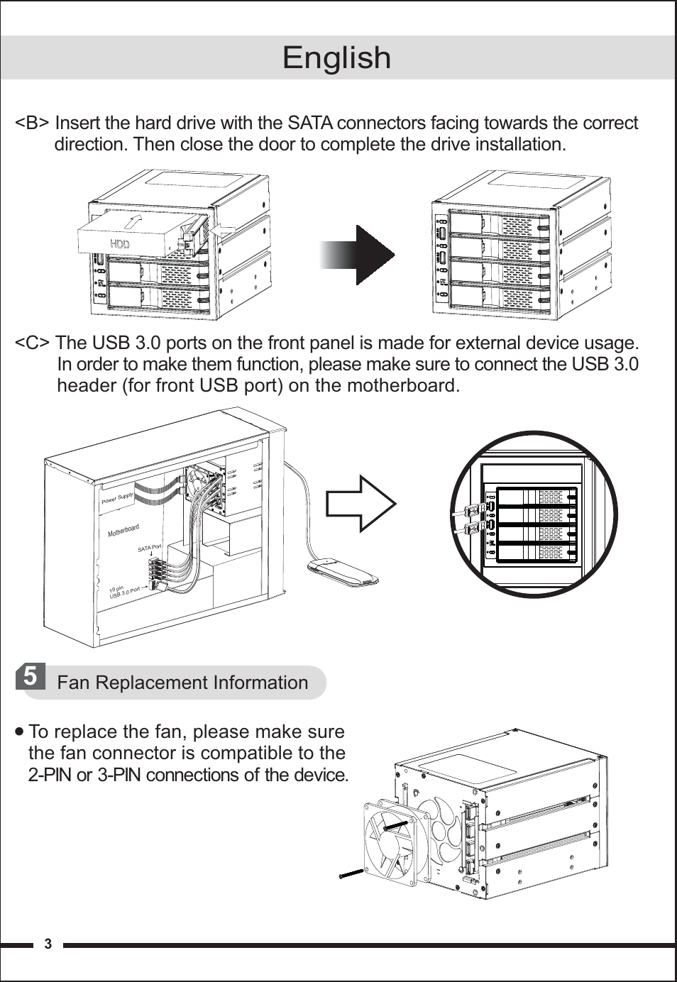 English, Fan replacement information | ICY DOCK FlexCage MB974SP-2B User Manual | Page 3 / 8