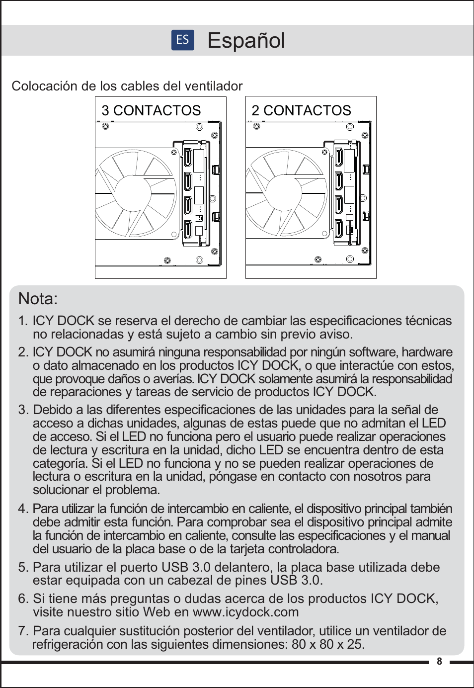 Español, Nota | ICY DOCK FlexCage MB974SP-2B User Manual | Page 8 / 8