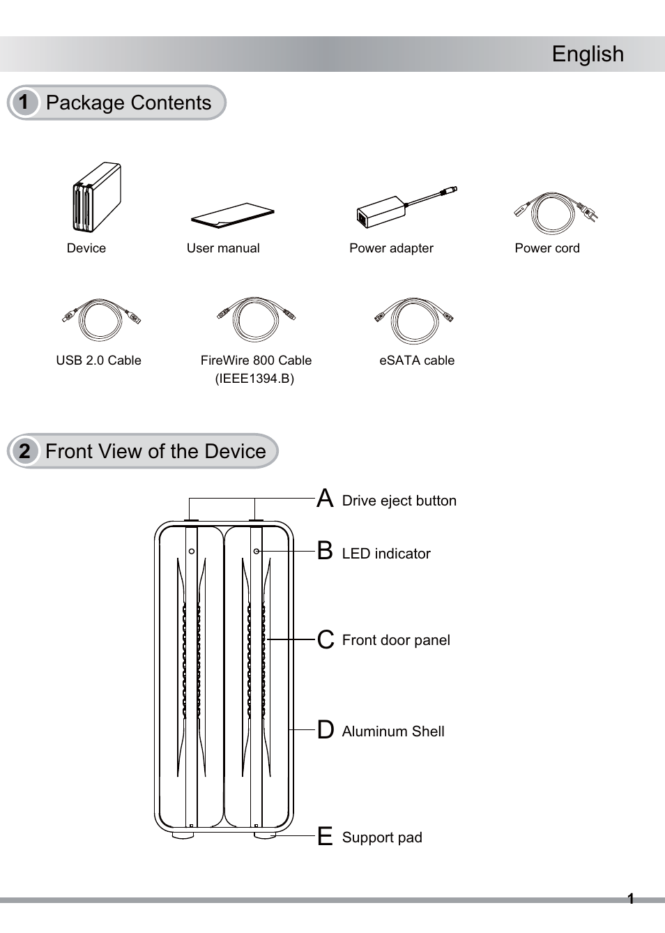 Cd e, English, 2 front view of the device 1 package contents | ICY DOCK ICYRaid MB662USEB-2S-1 User Manual | Page 2 / 10