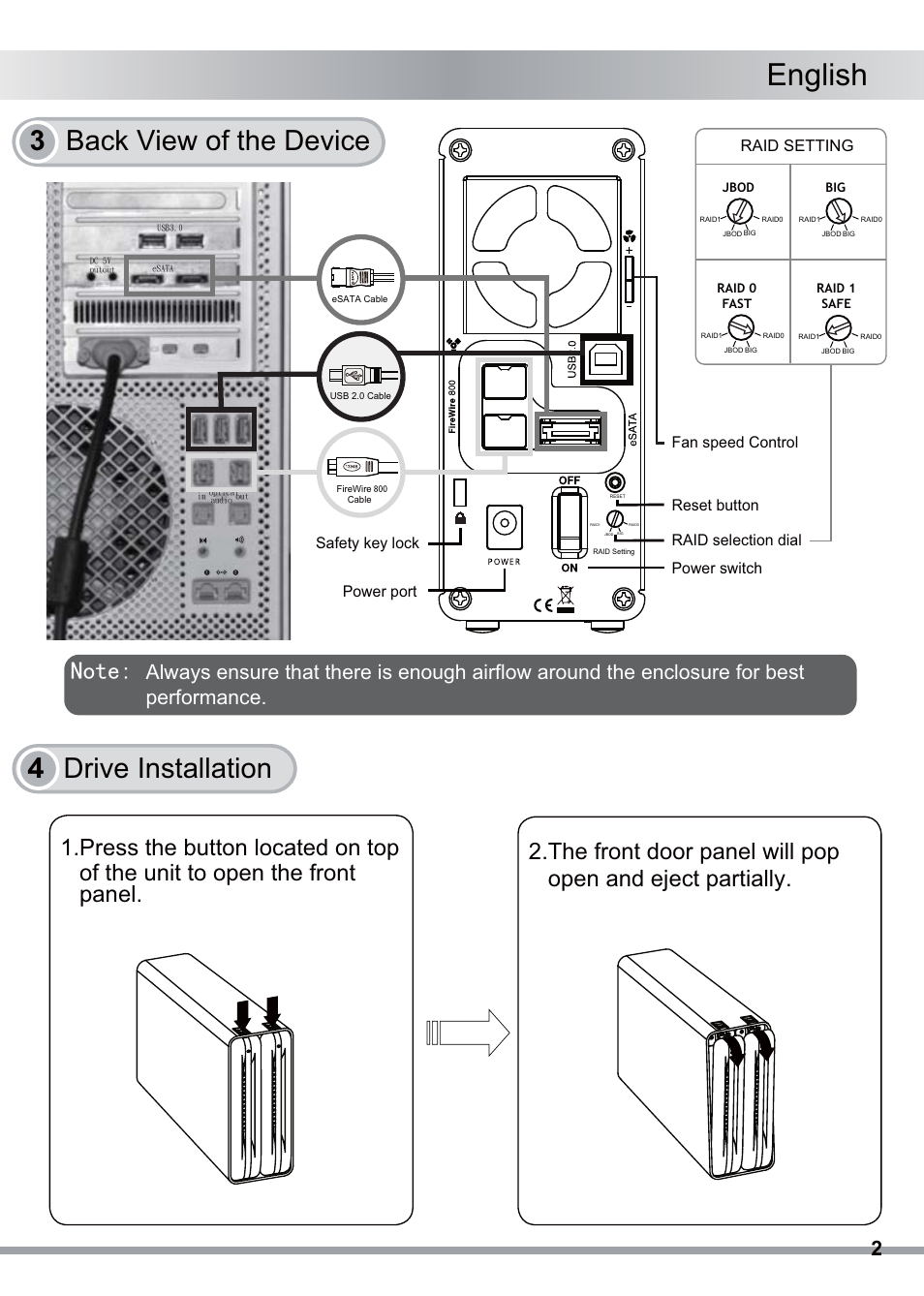 English, 4 drive installation, 3 back view of the device | 1rwh, Safety key lock power port power switch, Reset button fan speed control, Raid selection dial raid setting | ICY DOCK ICYRaid MB662USEB-2S-1 User Manual | Page 3 / 10