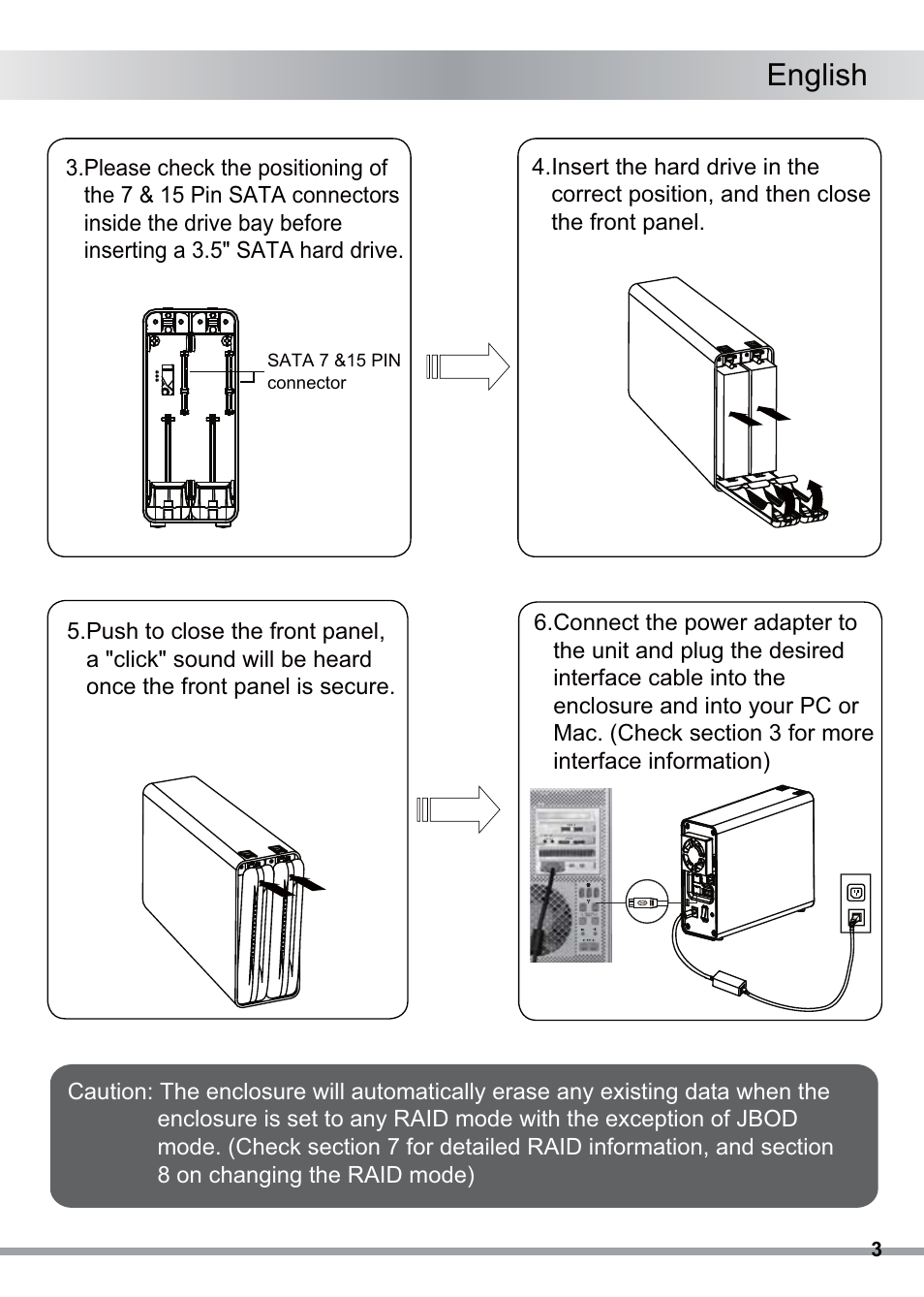 English, Sata 7 &15 pin connector | ICY DOCK ICYRaid MB662USEB-2S-1 User Manual | Page 4 / 10
