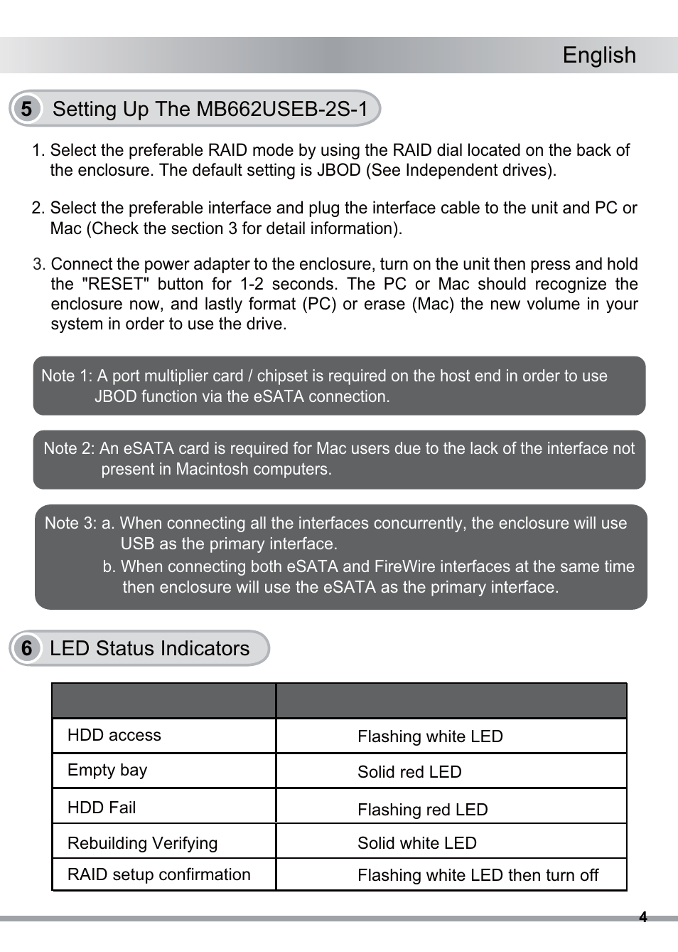 English, 6 led status indicators | ICY DOCK ICYRaid MB662USEB-2S-1 User Manual | Page 5 / 10