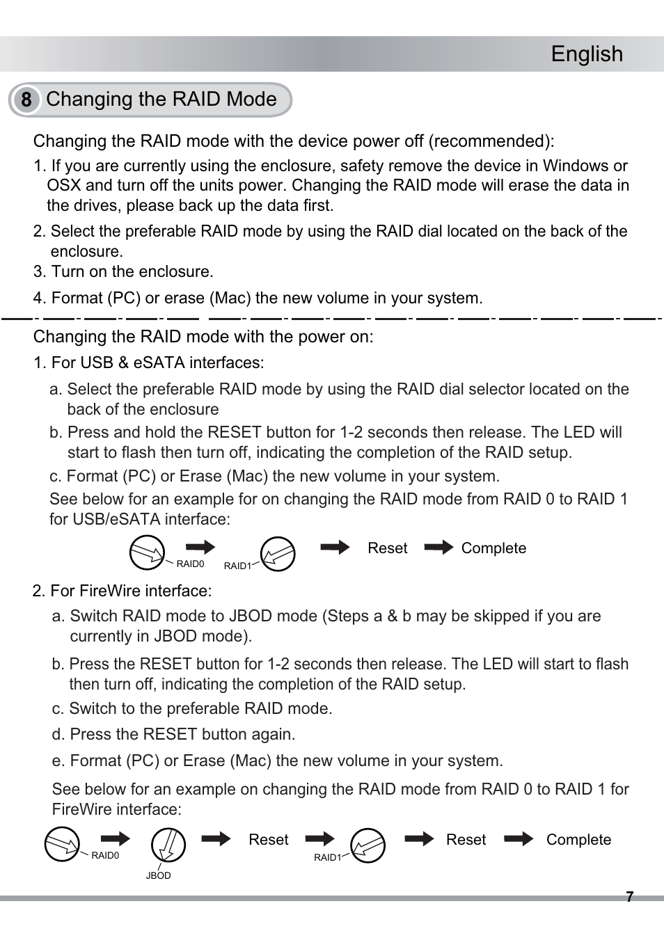 English, 8 changing the raid mode, Changing the raid mode with the power on | ICY DOCK ICYRaid MB662USEB-2S-1 User Manual | Page 8 / 10