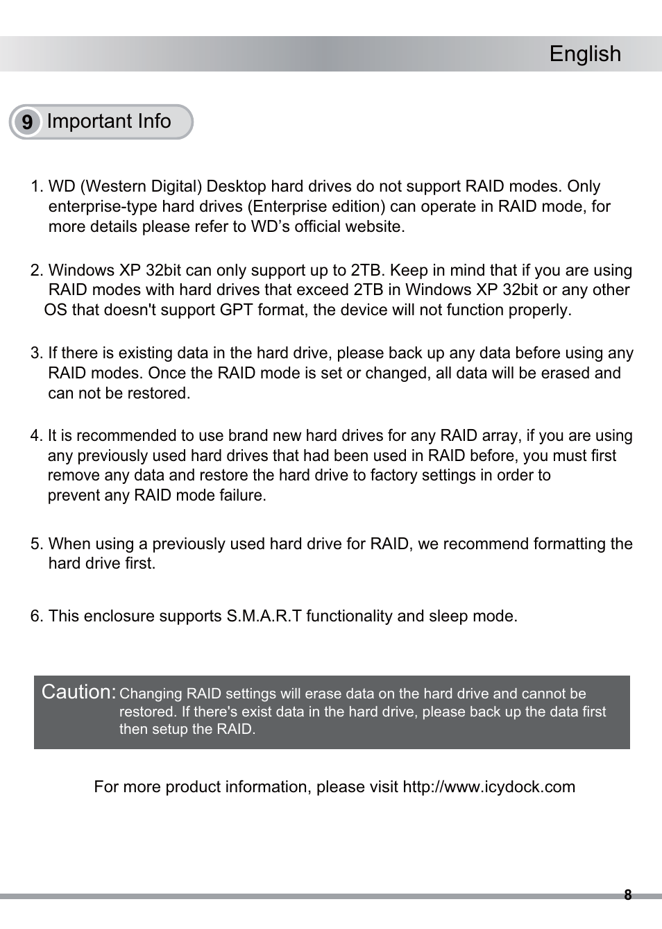English, Caution: ! 9 important info | ICY DOCK ICYRaid MB662USEB-2S-1 User Manual | Page 9 / 10