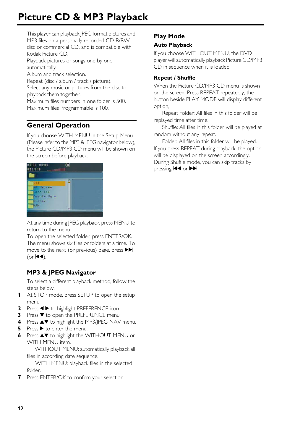 Picture cd & mp3 playback, General operation, Mp3 & jpeg navigator | Play mode, Mp3 & jpeg navigator play mode | Yamaha DVD-S540 User Manual | Page 16 / 30