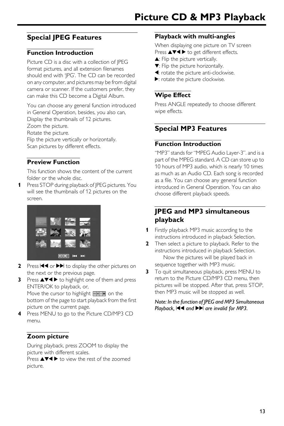 Special jpeg features, Function introduction, Preview function | Zoom picture, Playback with multi-angles, Wipe effect, Special mp3 features, Jpeg and mp3 simultaneous playback, Picture cd & mp3 playback | Yamaha DVD-S540 User Manual | Page 17 / 30