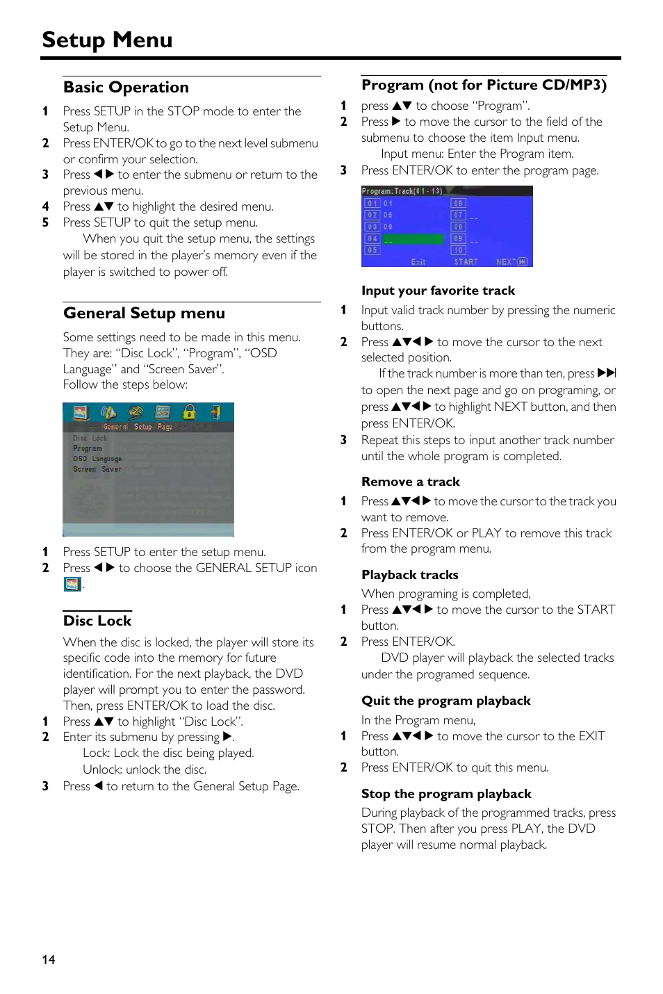 Setup menu, Basic operation, General setup menu | Disc lock, Program (not for picture cd/mp3), Basic operation general setup menu, Disc lock program (not for picture cd/mp3) | Yamaha DVD-S540 User Manual | Page 18 / 30