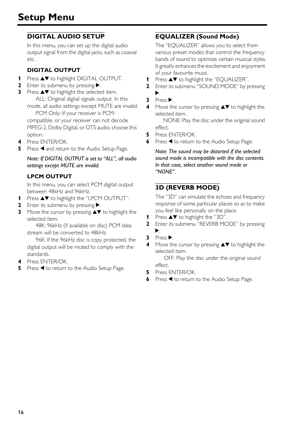 Digital audio setup, Equalizer (sound mode), 3d (reverb mode) | Setup menu | Yamaha DVD-S540 User Manual | Page 20 / 30