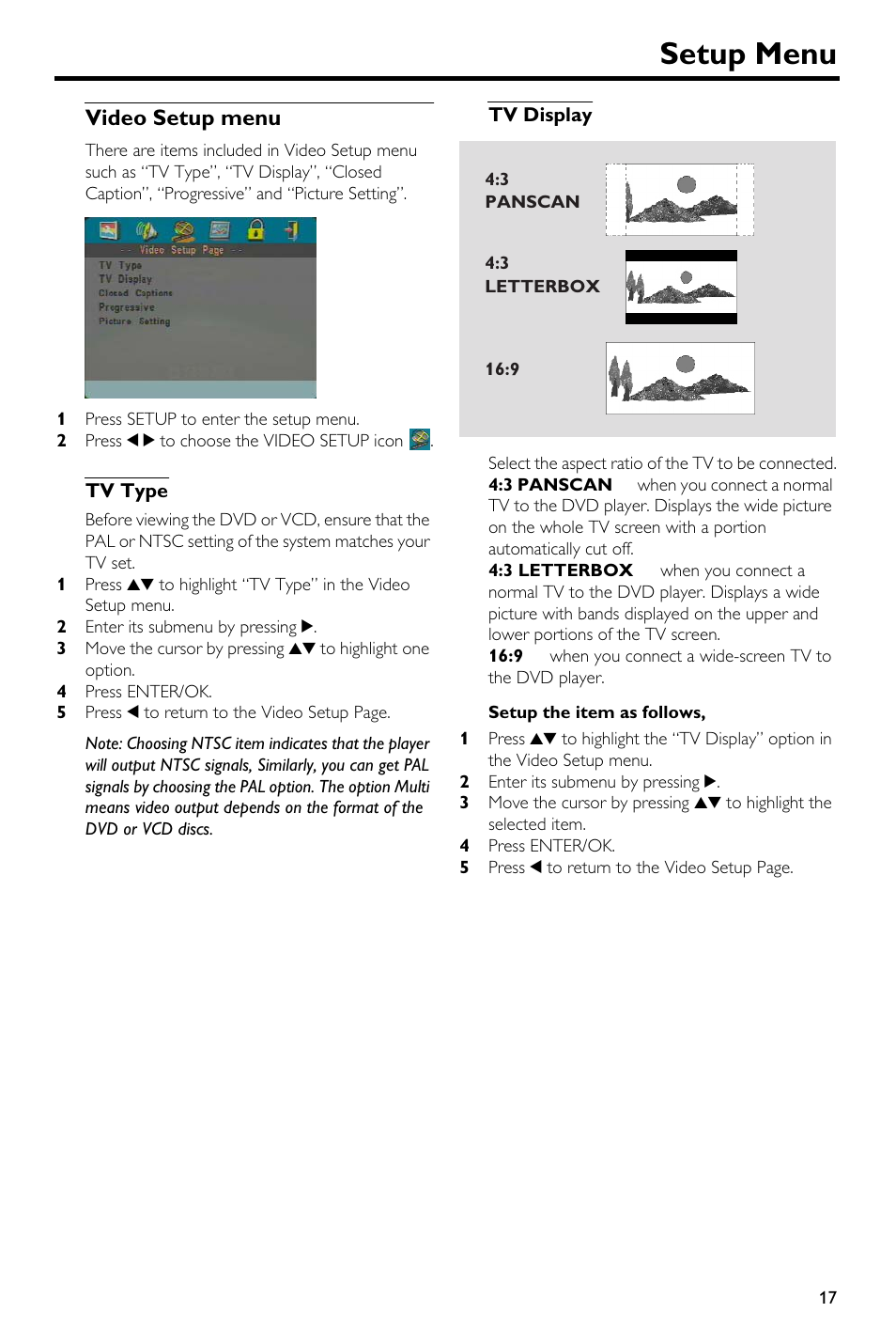 Video setup menu, Tv type, Tv display | Tv type tv display, Setup menu | Yamaha DVD-S540 User Manual | Page 21 / 30