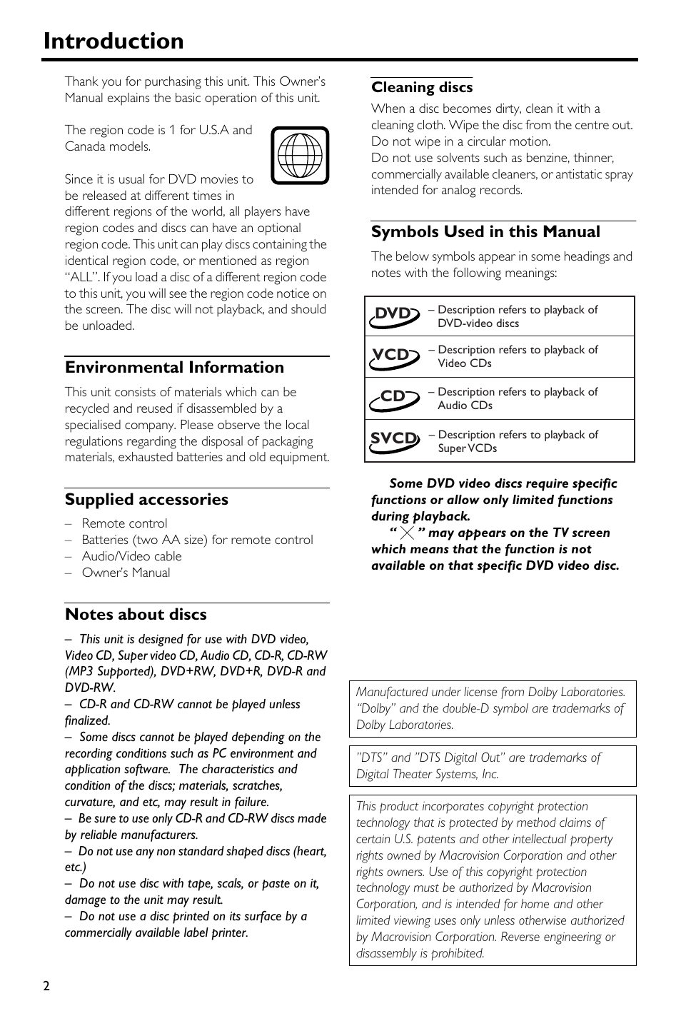 Introduction, Environmental information, Supplied accessories | Notes about discs, Cleaning discs, Symbols used in this manual | Yamaha DVD-S540 User Manual | Page 6 / 30