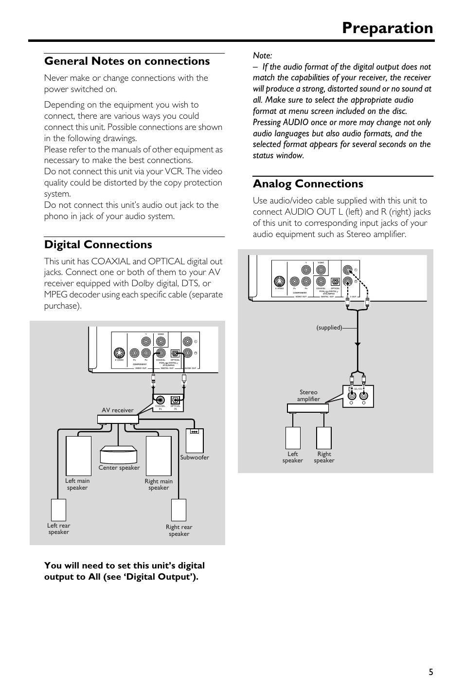 Preparation, General notes on connections, Digital connections | Analog connections | Yamaha DVD-S540 User Manual | Page 9 / 30