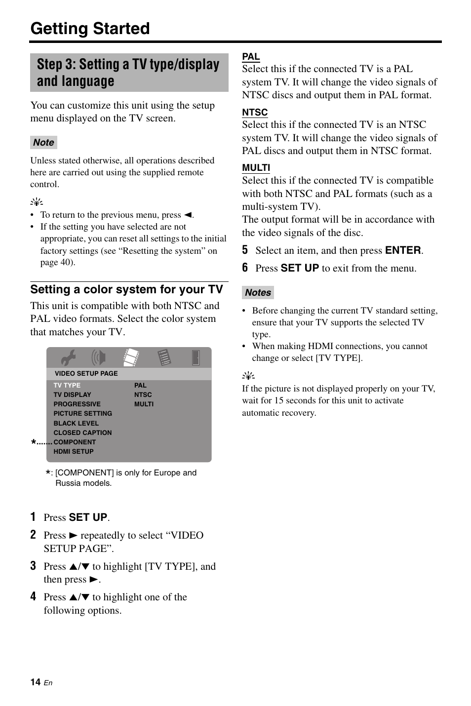Step 3: setting a tv type/display and language, Step 3: setting a tv type/display and, Language | Setting a color system for your tv, Getting started | Yamaha DV-S6165 User Manual | Page 18 / 53
