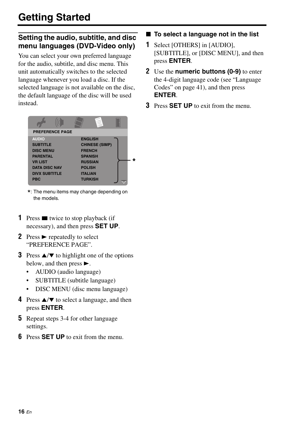 Setting the audio, subtitle, and disc menu, Languages (dvd-video only), Getting started | Yamaha DV-S6165 User Manual | Page 20 / 53