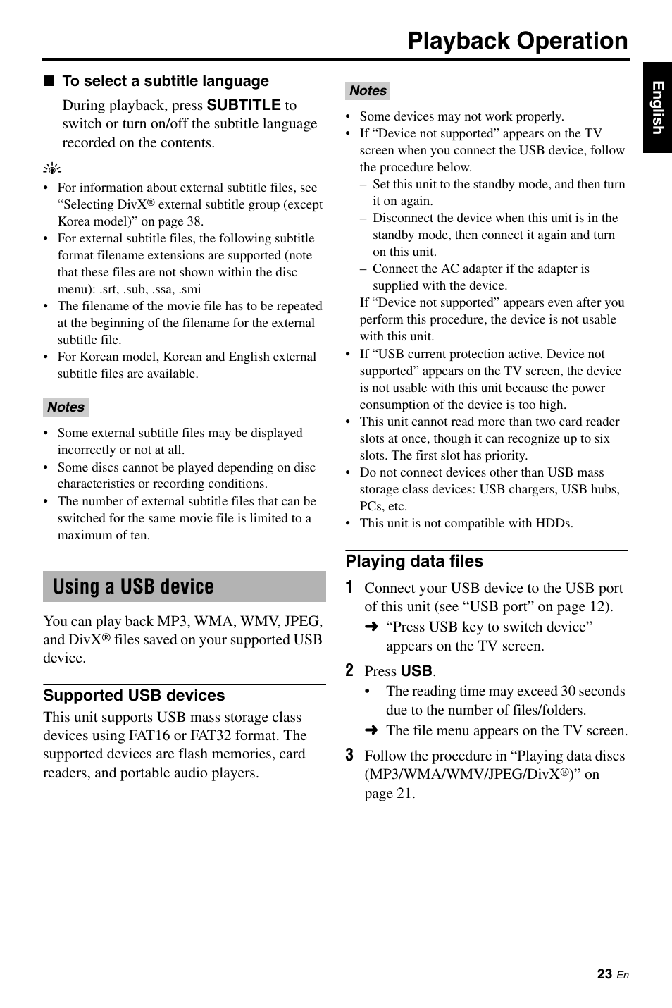 Using a usb device, Supported usb devices, Playing data files | Playback operation | Yamaha DV-S6165 User Manual | Page 27 / 53