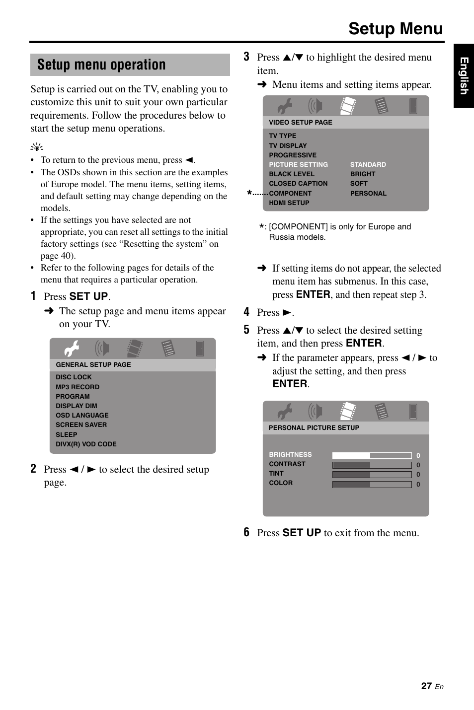 Setup menu operation, D 27), Setup menu | Yamaha DV-S6165 User Manual | Page 31 / 53