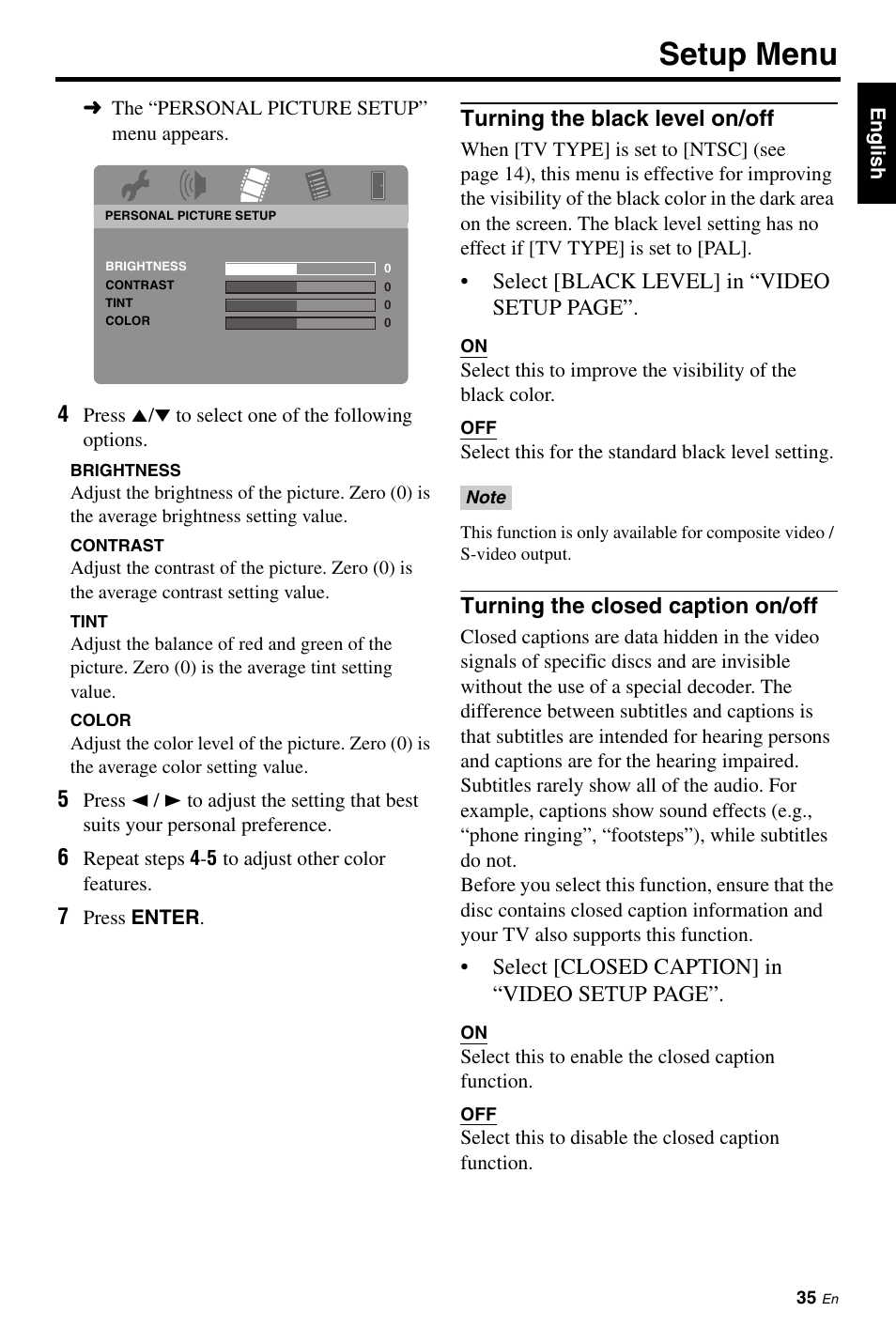 Turning the black level on/off, Turning the closed caption on/off, Setup menu | Yamaha DV-S6165 User Manual | Page 39 / 53