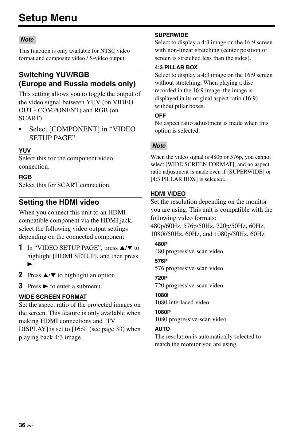 Switching yuv/rgb, Europe and russia models only), Setting the hdmi video | Setup menu | Yamaha DV-S6165 User Manual | Page 40 / 53