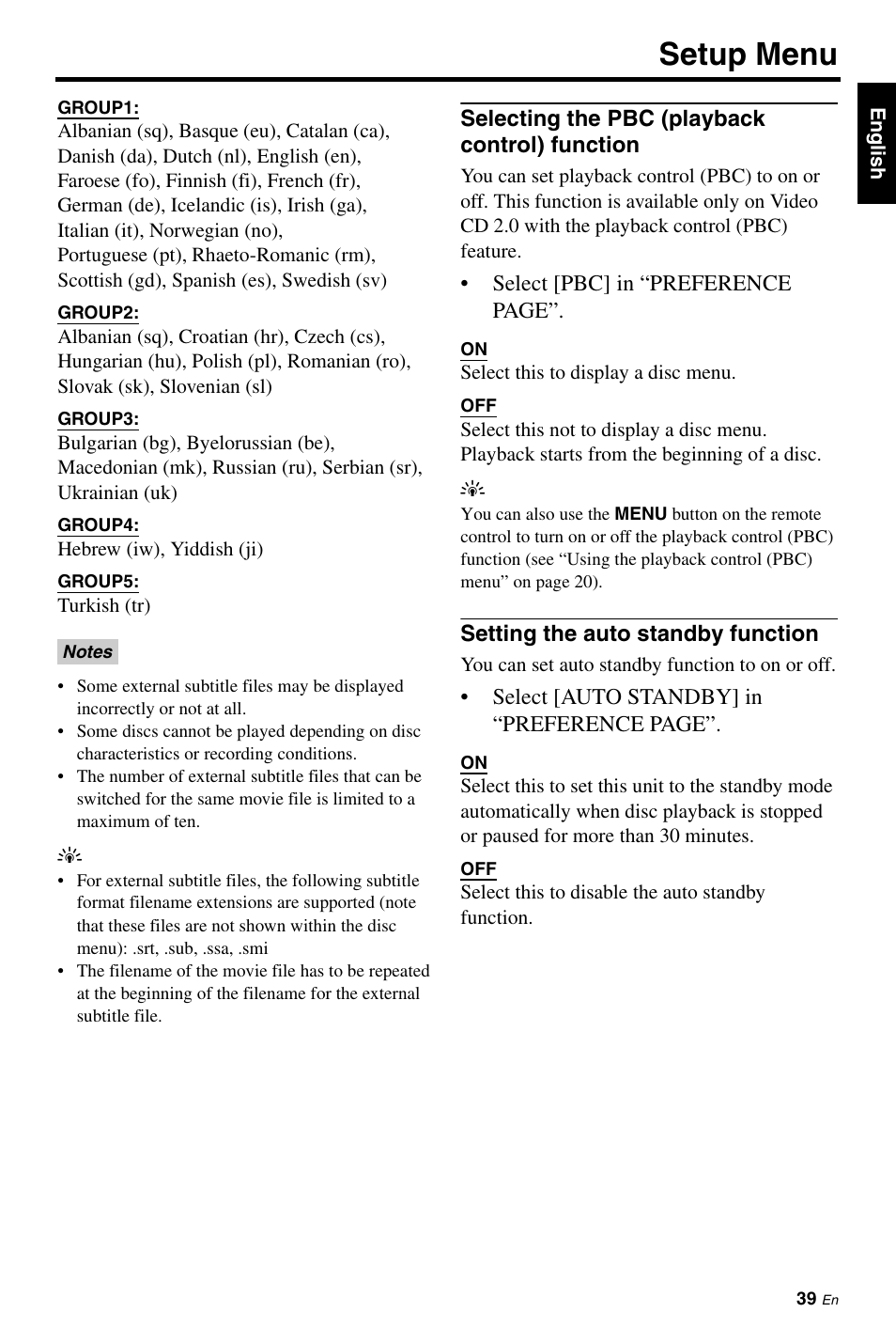 Selecting the pbc (playback control) function, Setting the auto standby function, Setup menu | Yamaha DV-S6165 User Manual | Page 43 / 53