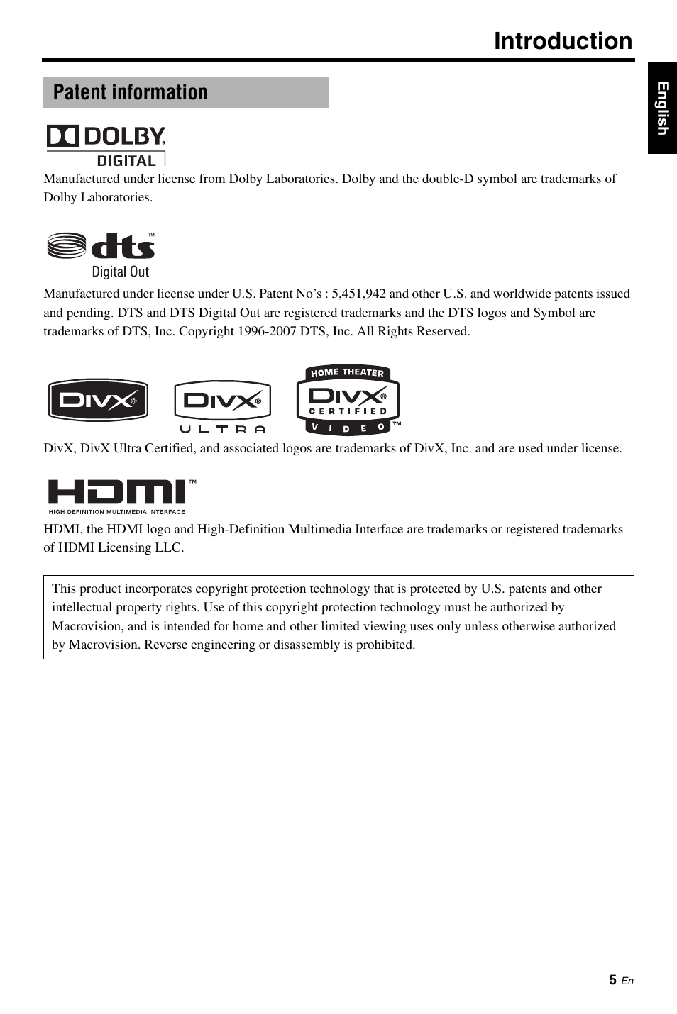 Patent information, Introduction | Yamaha DV-S6165 User Manual | Page 9 / 53