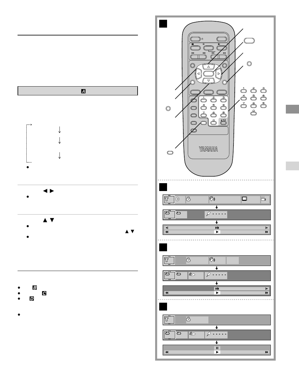 Operation using gui screens, General information about gui screens, Ab c d | Common procedures, Press on screen during play or in the stop mode, Press c / d to select the preferred item, Press a / b to select the preferred setting | Yamaha DVD-S700 User Manual | Page 19 / 48