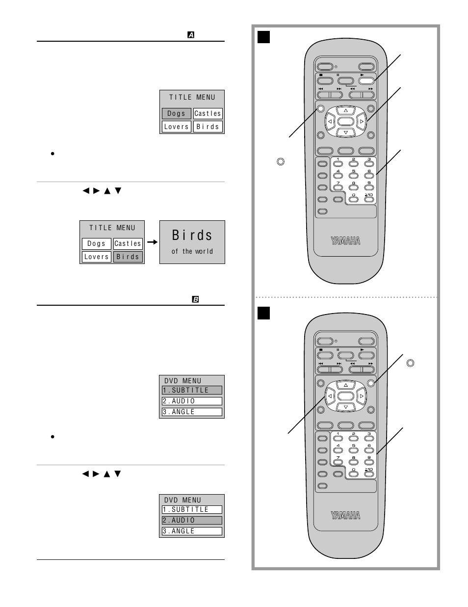 Using a title menu, Using a dvd menu, Birds | Dvd only, Press title during play, Press menu during play, When the menu continues onto another screen | Yamaha DVD-S700 User Manual | Page 30 / 48