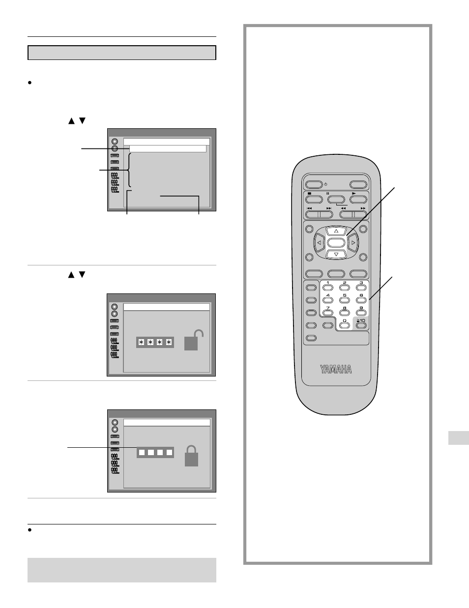 Selecting rating level, Initial settings, Press ) / * to select “2 ratings” and press select | Input a 4-digit password and press select, Press select | Yamaha DVD-S700 User Manual | Page 33 / 48