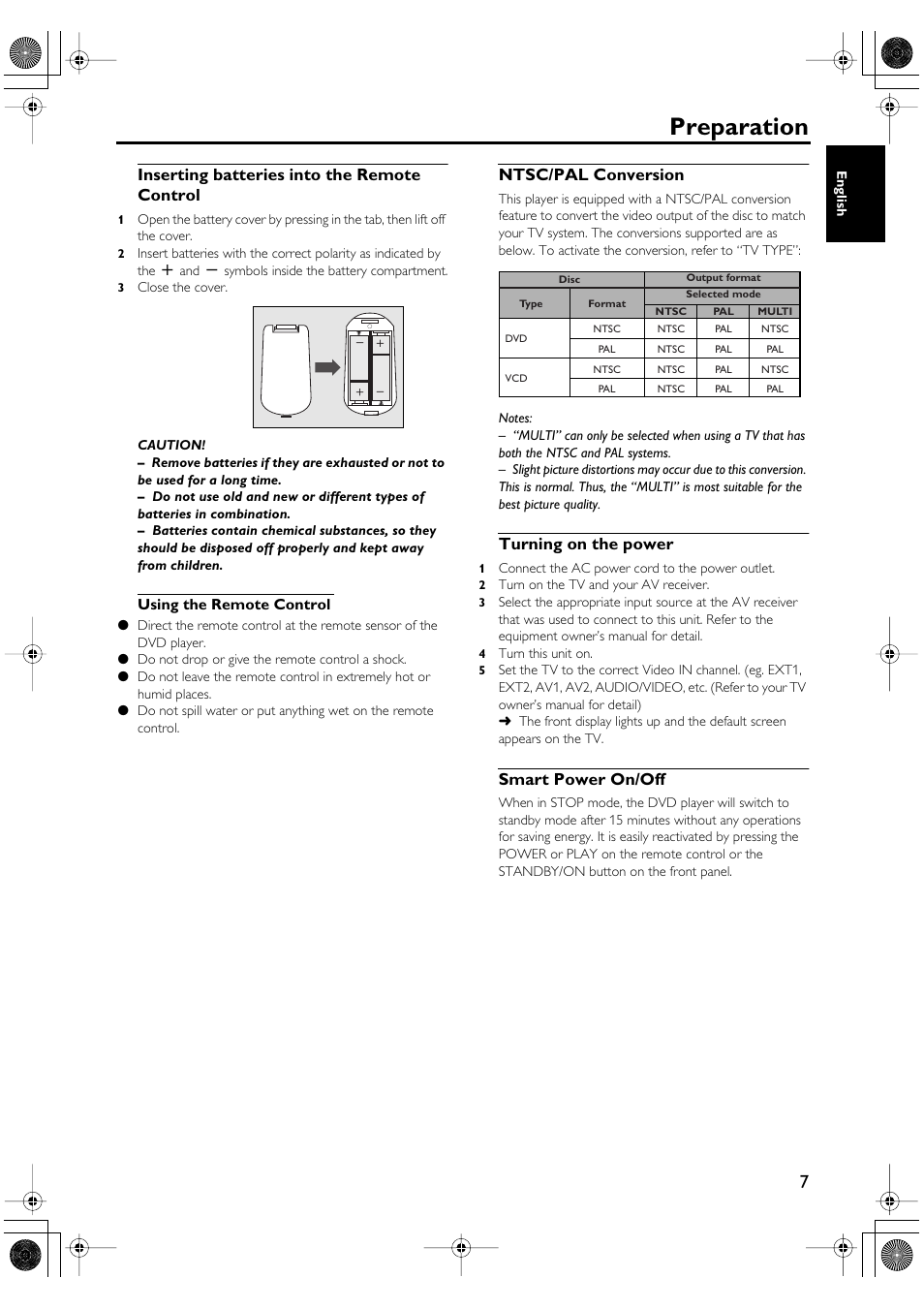 Inserting batteries into the remote control, Using the remote control, Preparation | Ntsc/pal conversion, Turning on the power, Smart power on/off | Yamaha DV-SL100 User Manual | Page 11 / 30