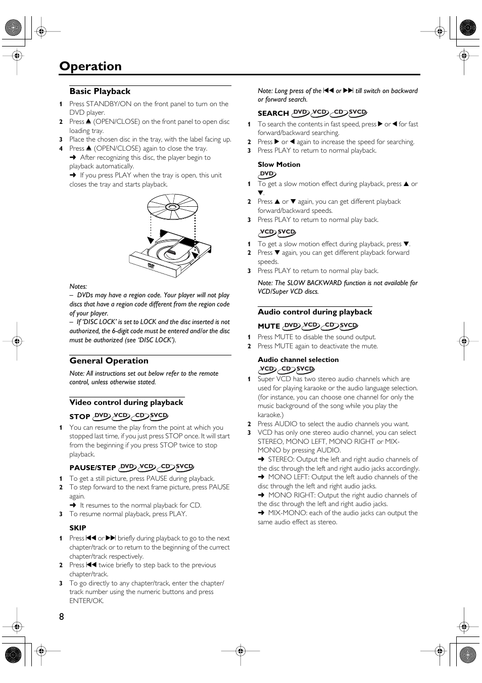 Operation, Basic playback general operation, Basic playback | General operation | Yamaha DV-SL100 User Manual | Page 12 / 30