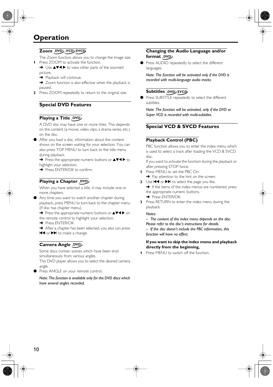 Zoom, Special dvd features, Special vcd & svcd features | Playback control (pbc), Operation | Yamaha DV-SL100 User Manual | Page 14 / 30