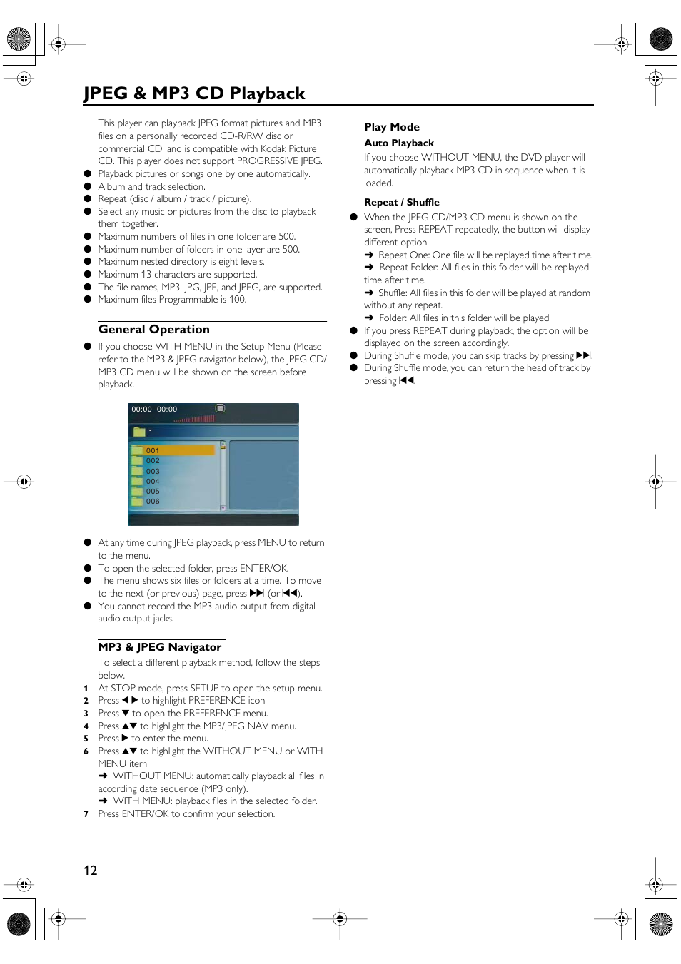 Jpeg & mp3 cd playback, General operation, Mp3 & jpeg navigator play mode | Yamaha DV-SL100 User Manual | Page 16 / 30
