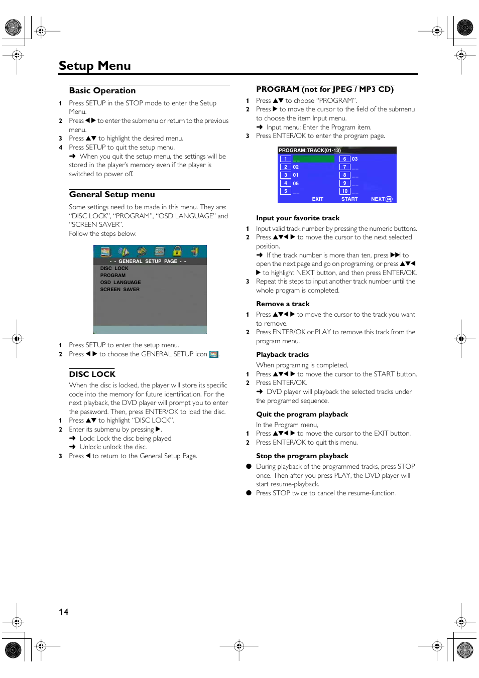 Setup menu, Basic operation general setup menu, Disc lock program (not for jpeg / mp3 cd) | Basic operation, General setup menu | Yamaha DV-SL100 User Manual | Page 18 / 30