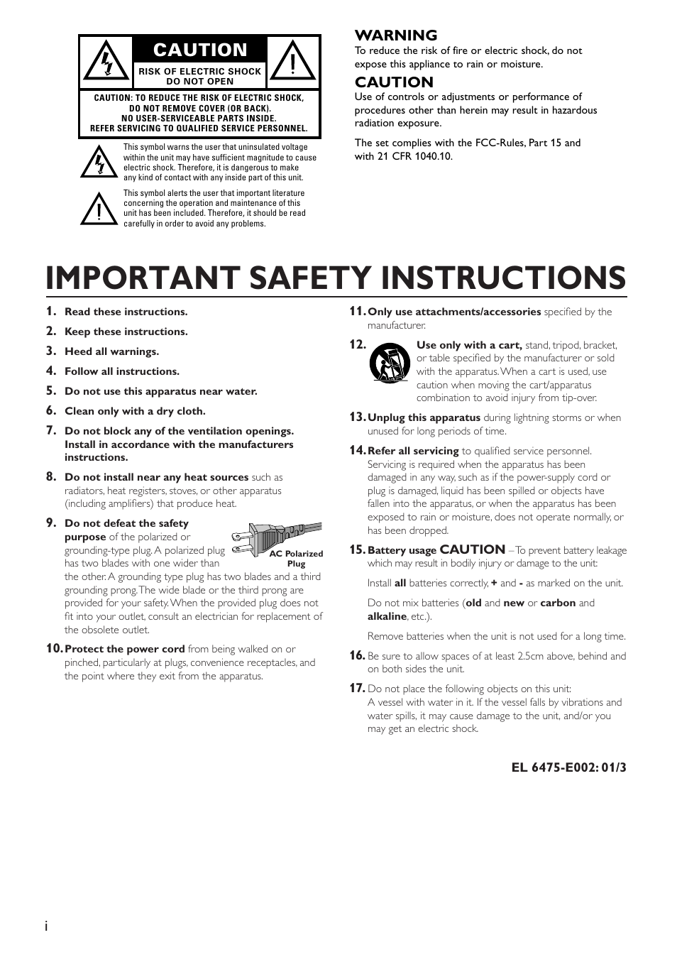 Important safety instructions, Caution, Warning | Yamaha DV-SL100 User Manual | Page 2 / 30