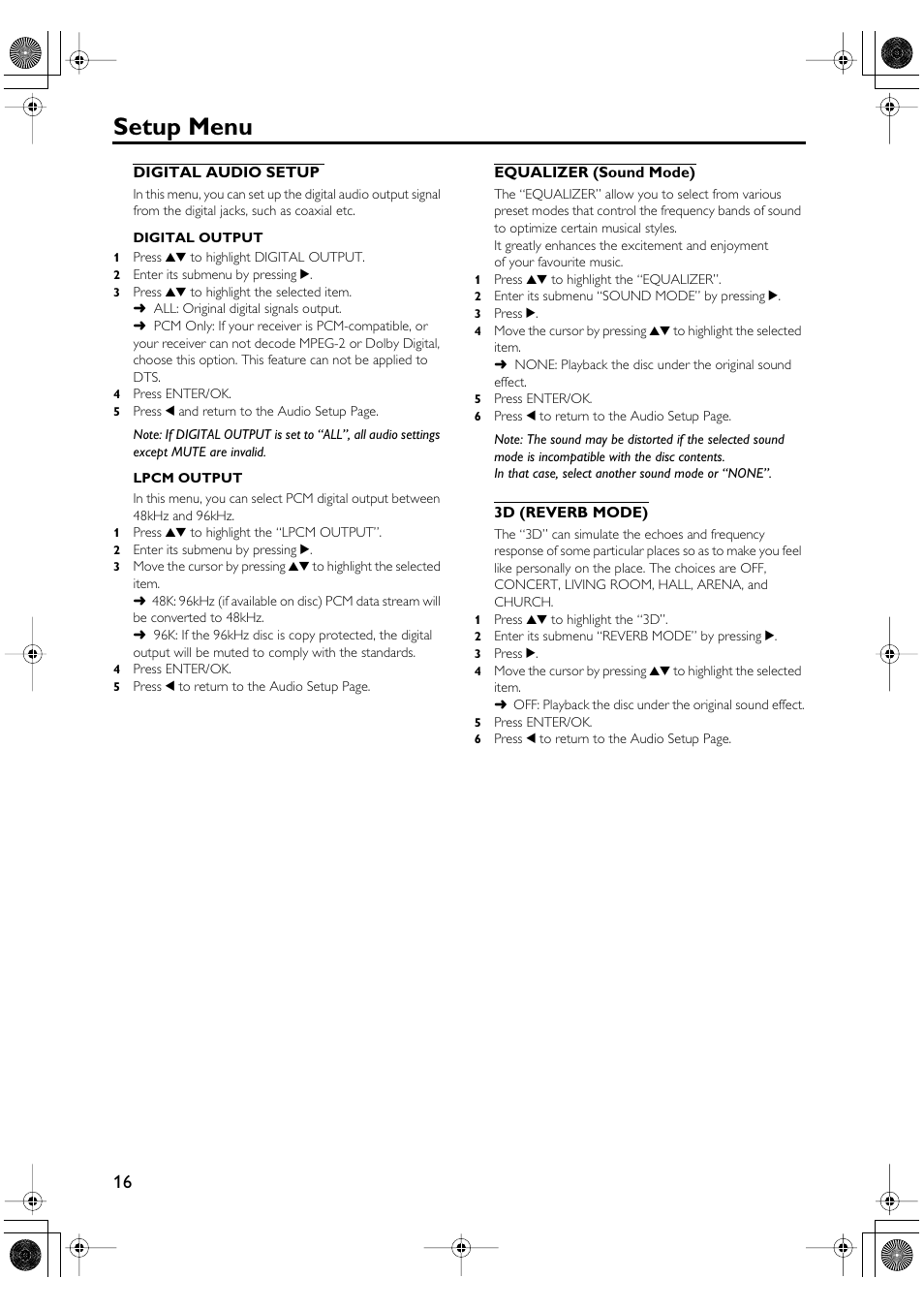 Setup menu | Yamaha DV-SL100 User Manual | Page 20 / 30