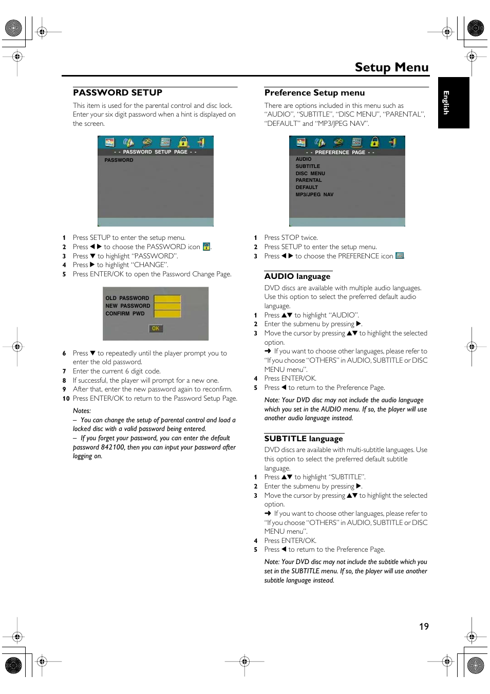 Password setup preference setup menu, Audio language subtitle language, Setup menu | Yamaha DV-SL100 User Manual | Page 23 / 30