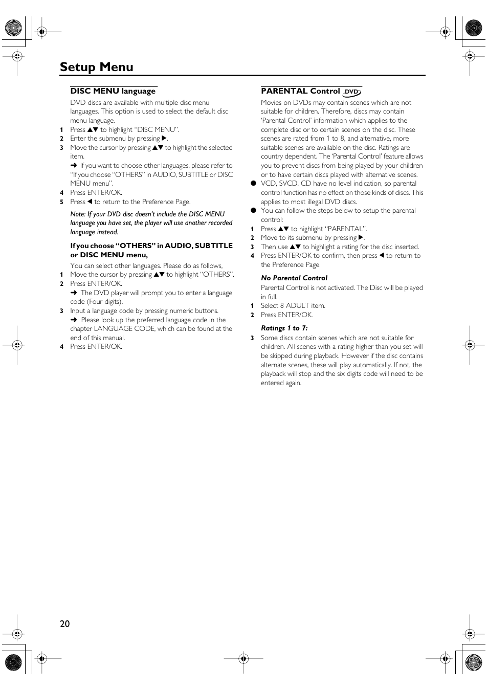 Disc menu language parental control, Setup menu | Yamaha DV-SL100 User Manual | Page 24 / 30