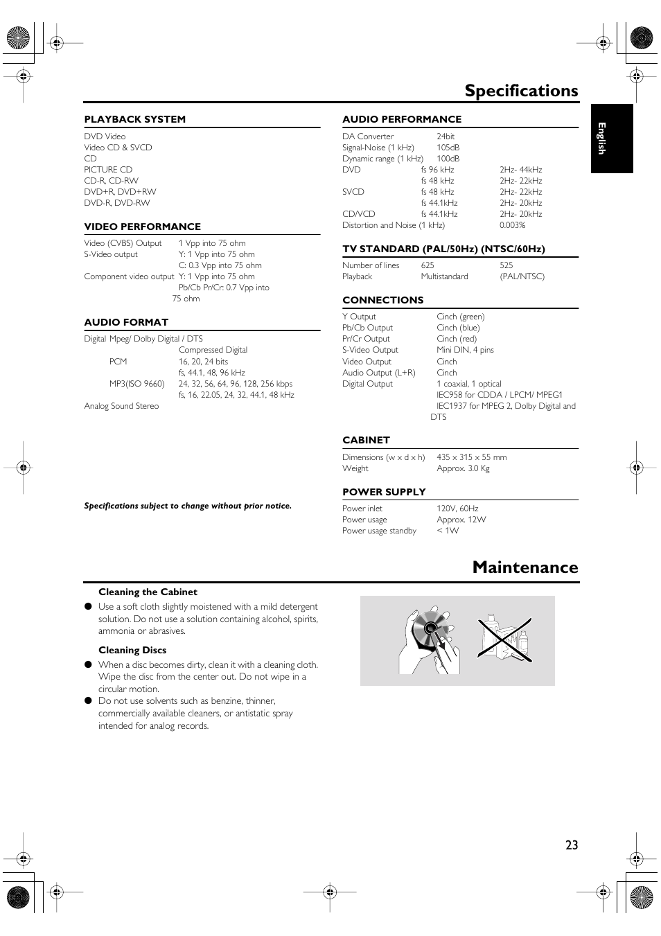 Specifications, Maintenance | Yamaha DV-SL100 User Manual | Page 27 / 30