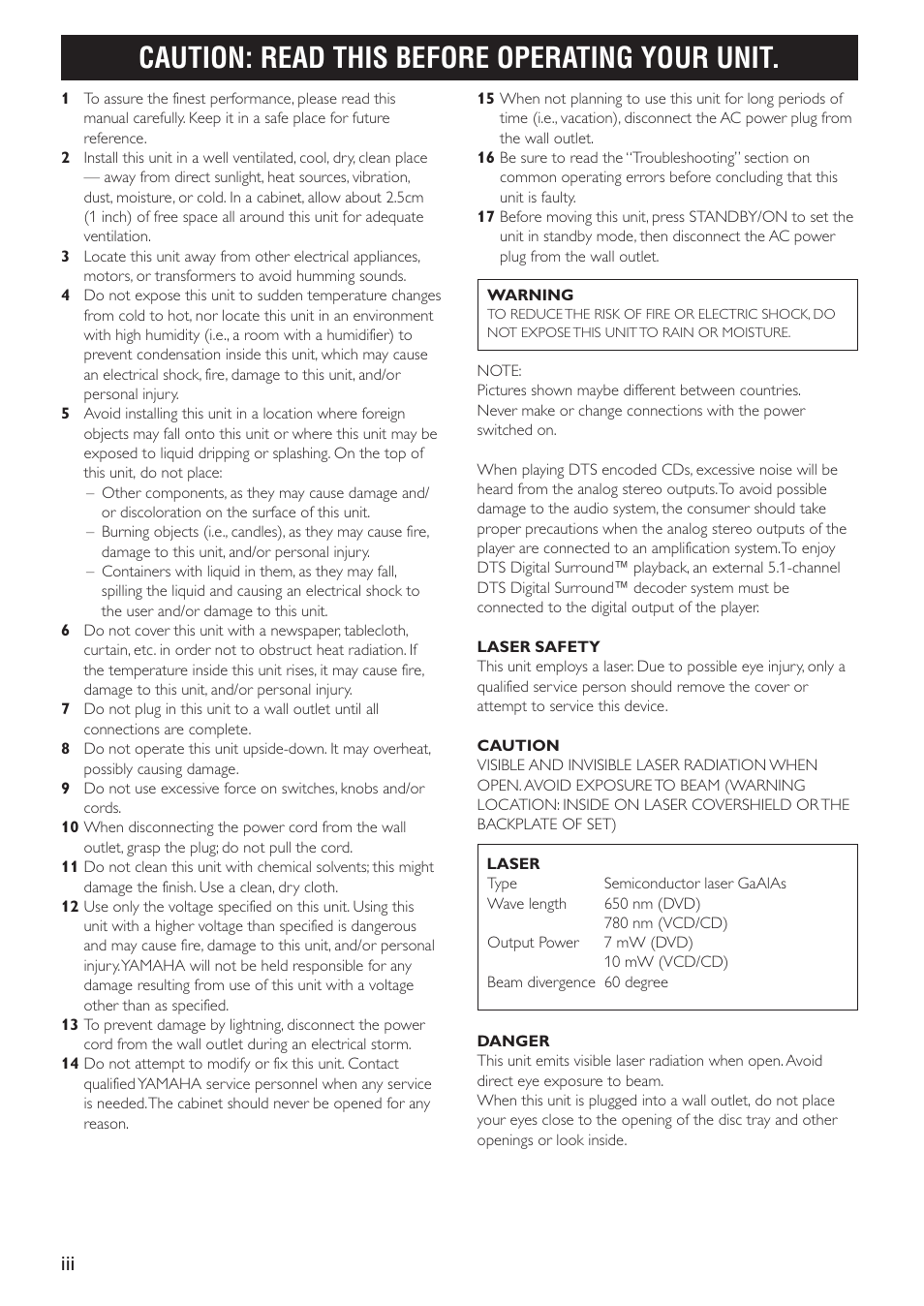 Caution: read this before operating your unit | Yamaha DV-SL100 User Manual | Page 4 / 30