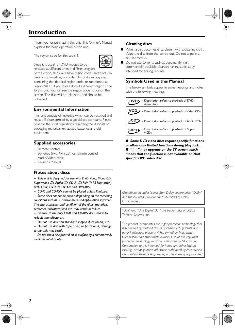 Introduction, Cleaning discs, Symbols used in this manual | Yamaha DV-SL100 User Manual | Page 6 / 30