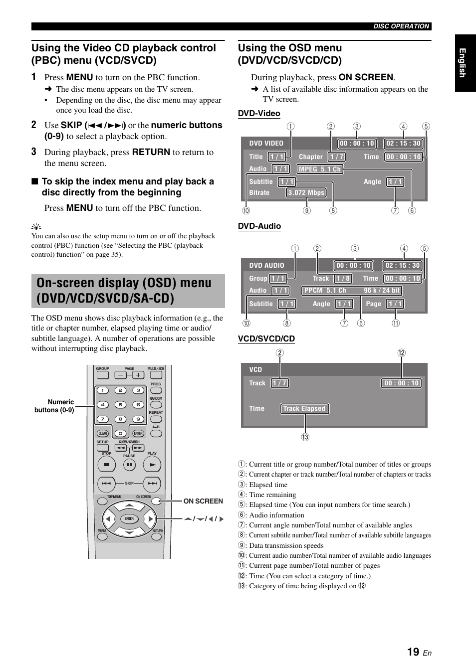 On-screen display (osd) menu (dvd/vcd/svcd/sa-cd), Using the osd menu (dvd/vcd/svcd/cd), Using the video cd playback control (pbc) | Menu (vcd/svcd), On-screen display (osd) menu, Dvd/vcd/svcd/sa-cd), Press menu to turn on the pbc function, Use skip, During playback, press on screen | Yamaha DVD-S2700 User Manual | Page 23 / 47