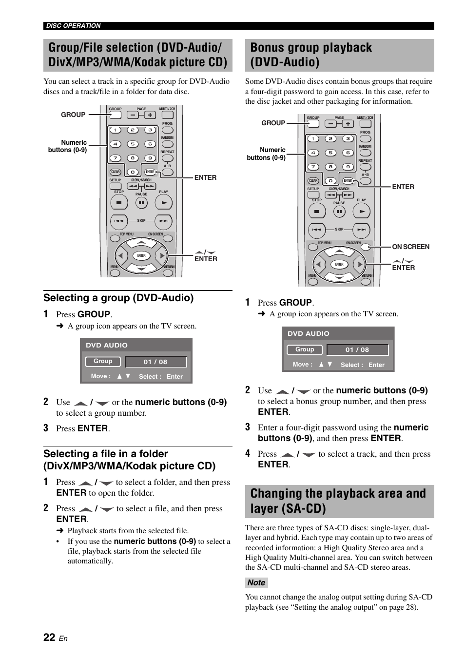 Selecting a group (dvd-audio), Bonus group playback (dvd-audio), Changing the playback area and layer (sa-cd) | Group/file selection (dvd-audio/divx, Mp3/wma/kodak picture cd), Selecting a file in a folder (divx/mp3/wma, Kodak picture cd), Changing the playback area and layer, Sa-cd), Press group | Yamaha DVD-S2700 User Manual | Page 26 / 47