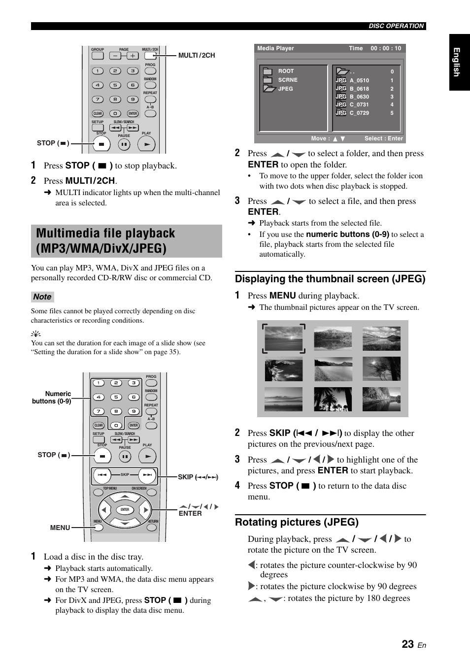 Multimedia file playback (mp3/wma/divx/jpeg), Displaying the thumbnail screen (jpeg), Rotating pictures (jpeg) | Multimedia file playback, Mp3/wma/divx/jpeg), Press stop ( 7 ) to stop playback, Press multi, Load a disc in the disc tray, Press, Press menu during playback | Yamaha DVD-S2700 User Manual | Page 27 / 47