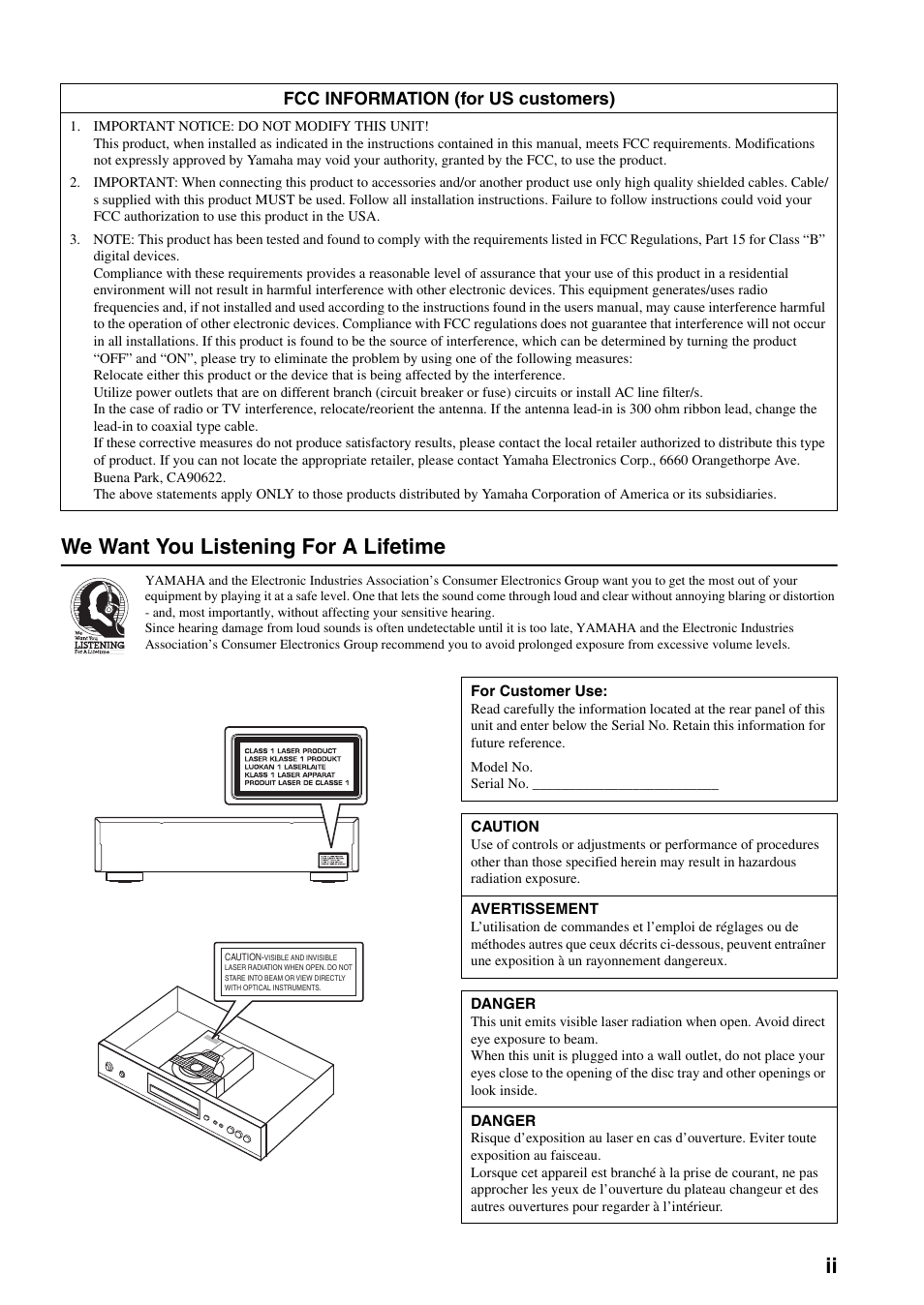 Ii we want you listening for a lifetime, Fcc information (for us customers) | Yamaha DVD-S2700 User Manual | Page 3 / 47