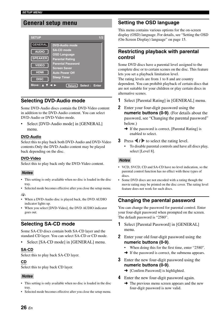 General setup menu, Selecting dvd-audio mode, Selecting sa-cd mode | Setting the osd language, Restricting playback with parental control, Changing the parental password | Yamaha DVD-S2700 User Manual | Page 30 / 47
