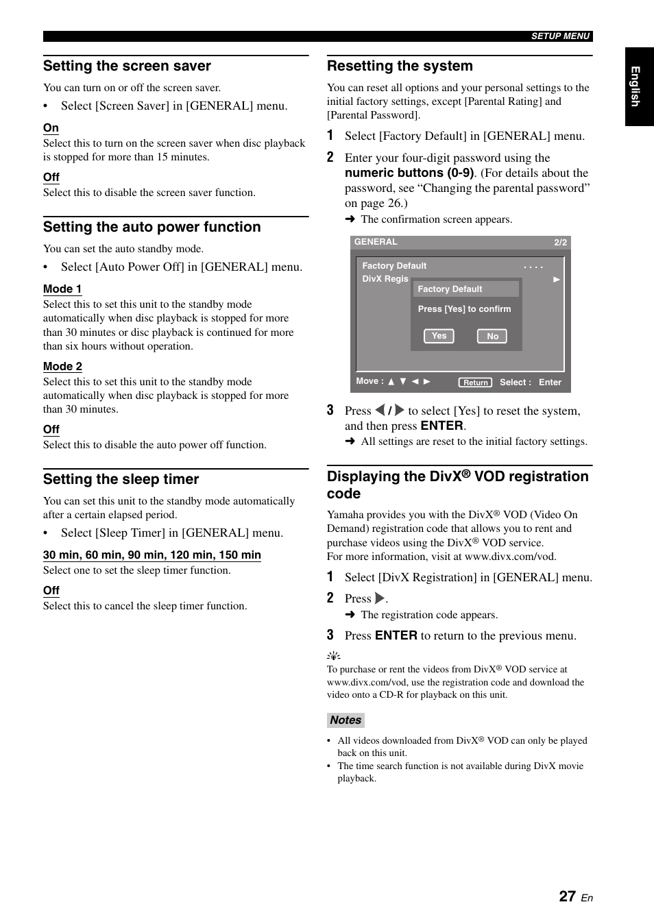 Setting the screen saver, Setting the auto power function, Setting the sleep timer | Resetting the system, Displaying the divx® vod registration code, Displaying the divx, Vod registration code | Yamaha DVD-S2700 User Manual | Page 31 / 47